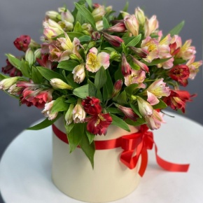 Композиция в шляпной коробке из 21 альстромерии в Лыткарино