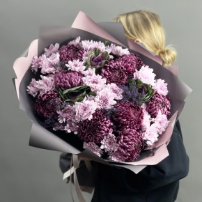 Букет "Виолетта" из хризантем Бигоуди, лимониума, брассики и кустовых хризантем в Лыткарино