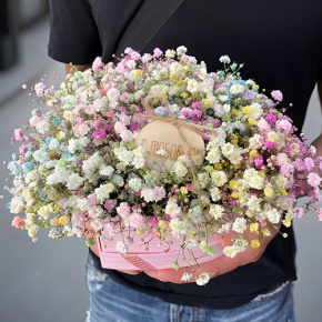 Композиция в коробке сердца из радужных гипсофил с топпером в Лыткарино